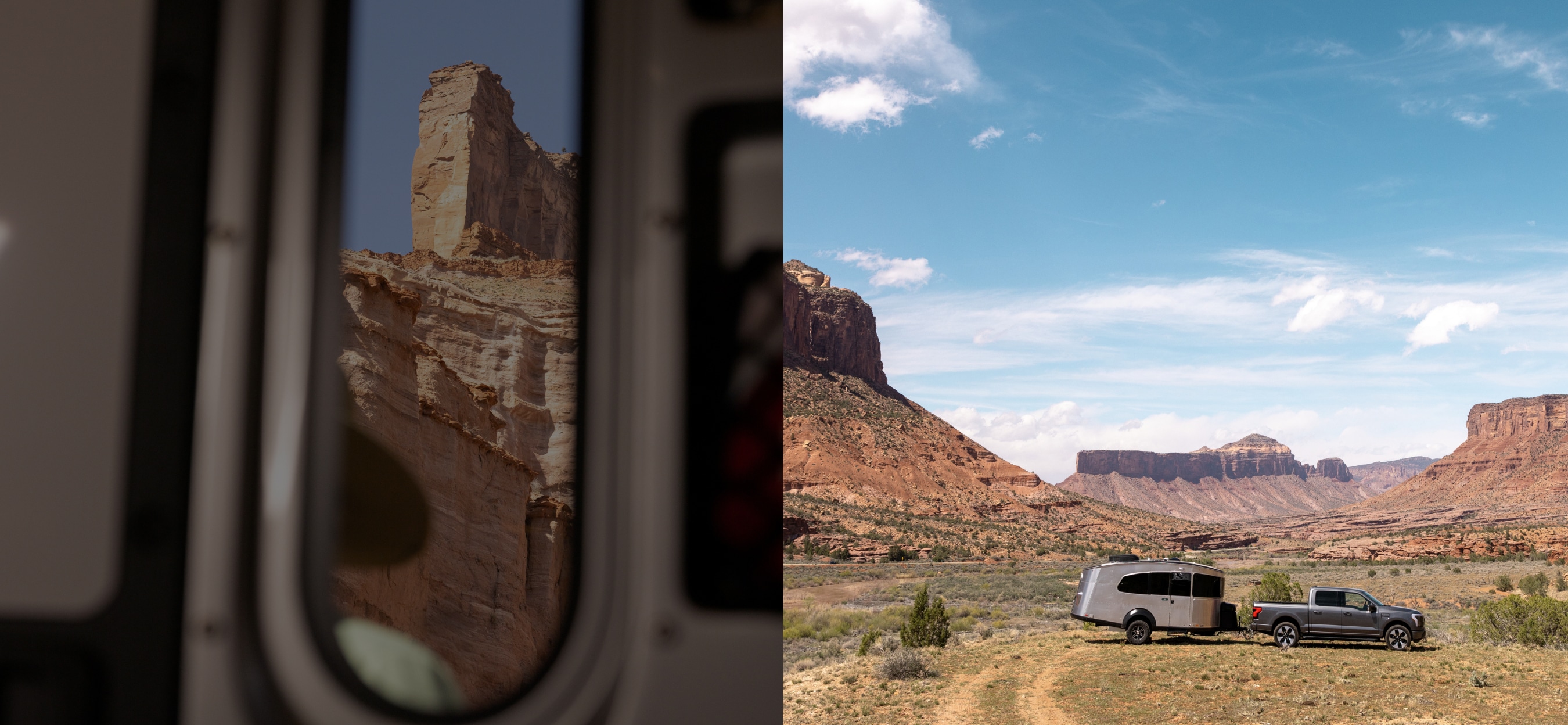 A truck towing an Airstream trailer in a red rock desert.