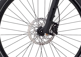 Close-up of a bike wheel's disc brake and spokes.