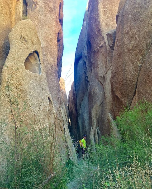 man walking through two rocks at Joshua Tree National Park