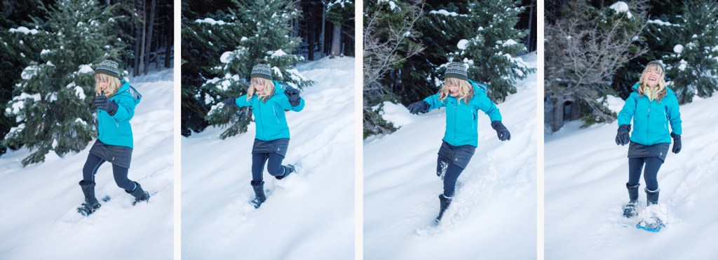 multiple photos of a girl playing in the snow with snowshoes