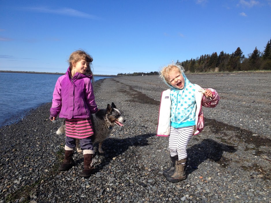 Two outdoor kids and a dog on the beach