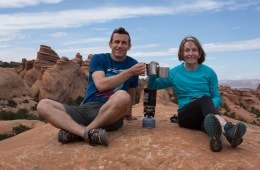 Brendan Leonard and cheers coffee at Arches National Park