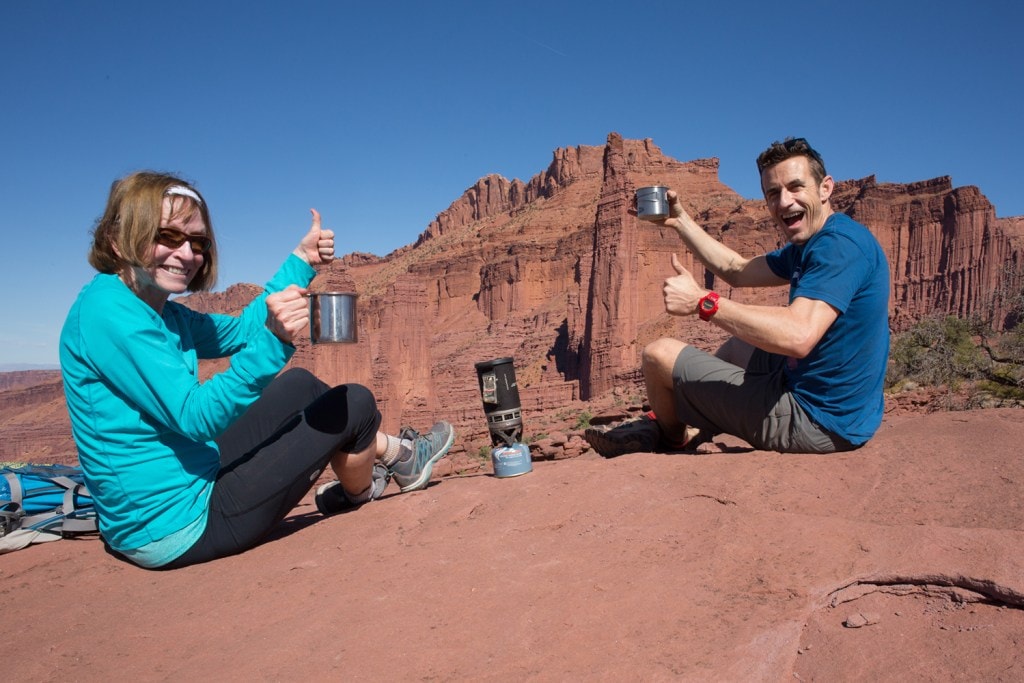 Brendan Leonard and his mom having coffee on Fisher Towers