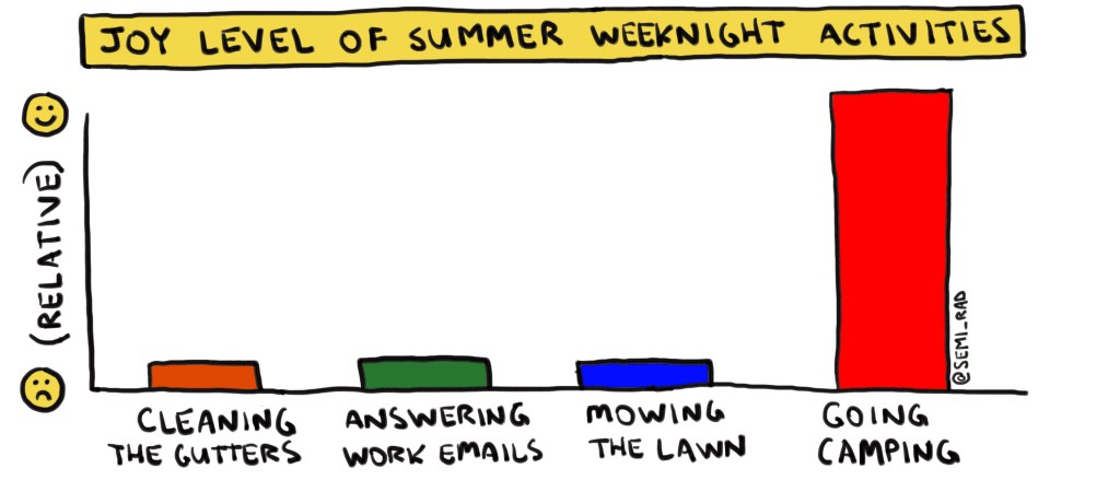 In a graph of the joy level of summer weeknight activities, camping ranks the hightest