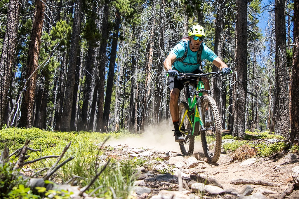 a rider screams down a forested trail