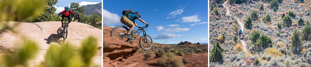 Left: a rider rolls a steep rock slab. center: a rider launches a rock drop. right: a rider descends dusty singletrack.