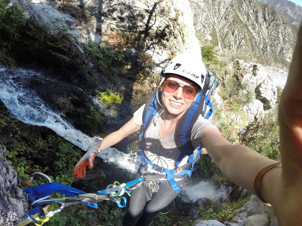 Kat Carney hangs out on the second pitch of the first rappel in Bonita Falls.