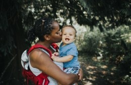 Mom and baby hiking