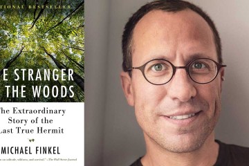 Michael Finkel and the cover of his book, Stranger in the Woods