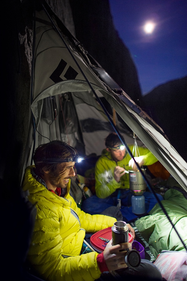 Caldwell and Jorgeson in a portaledge at night.