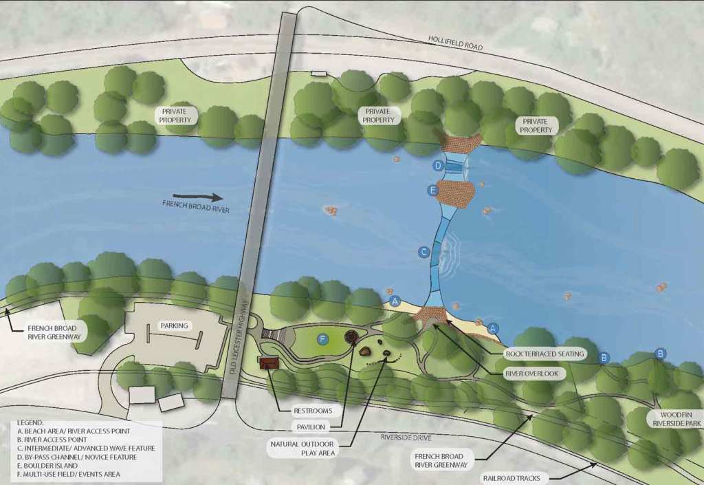 A preliminary park design illustrates the location of the play wave, with features for watersports enthusiasts with varying skill levels. 