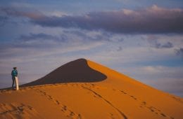 A lone sandboarder stands on a dune in southern Utah.