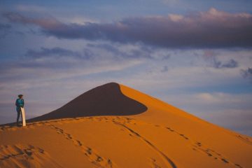 A lone sandboarder stands on a dune in southern Utah.