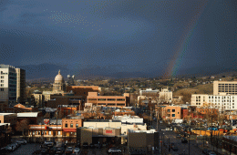 A rainbow arches over downtown Boise, Idaho.