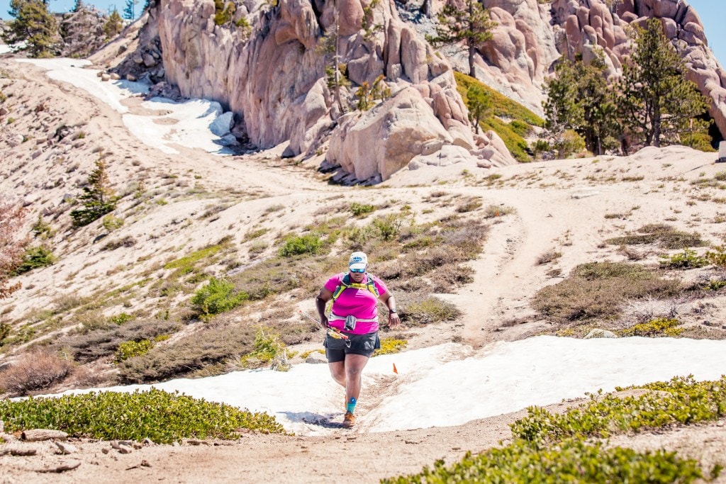 Mirna Valerio runs up the slopes of Squaw Valley ski area during a sky race.