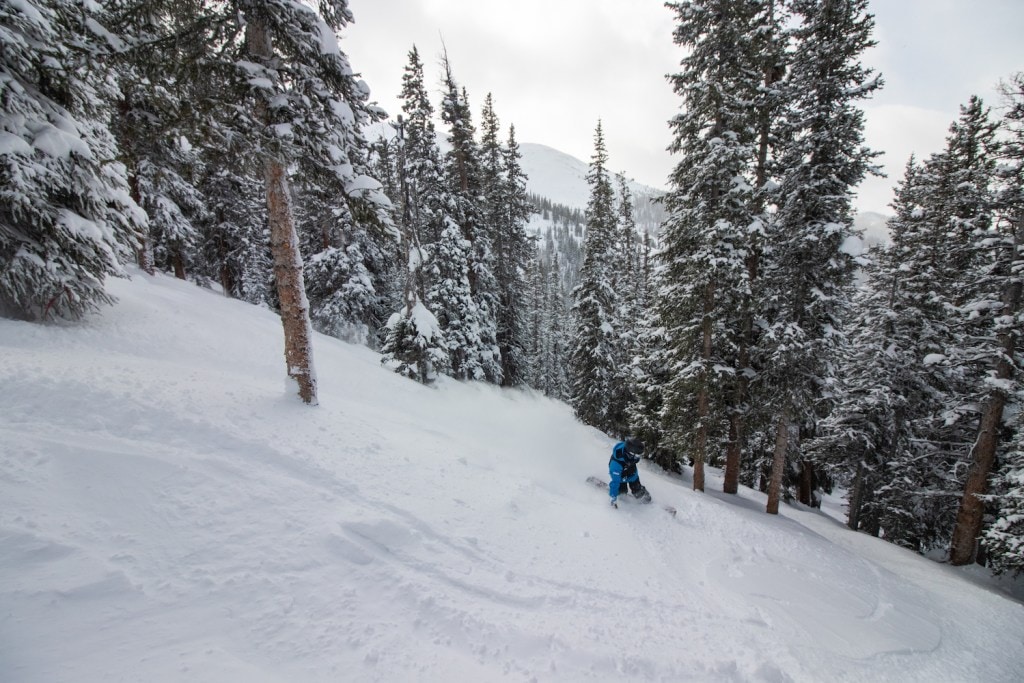 A snowboarder heads into the trees.