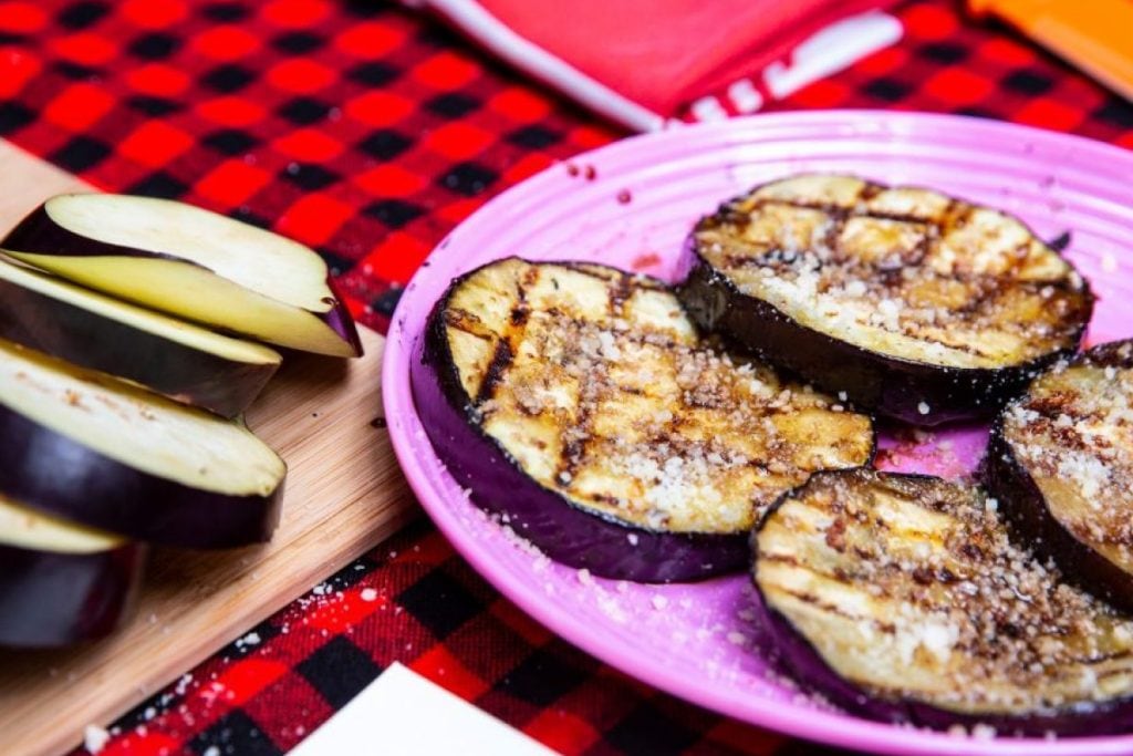 Fire roasted eggplant, plated and ready to serve