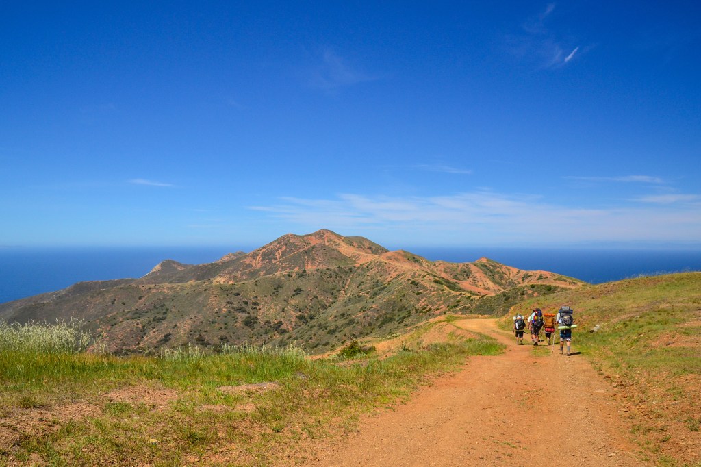 Four backpackers hike along a doubletrack high on the ridgeline.