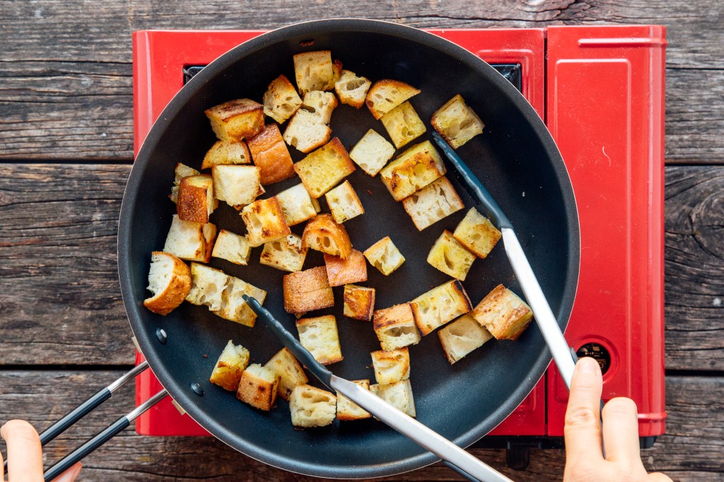 Sauteeing bread for panzanella salad