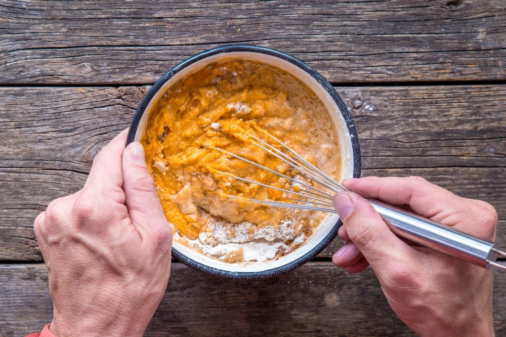 Whisking pumpkin coffee cake batter