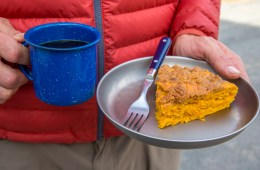 Slice of pumpkin coffee cake with coffe