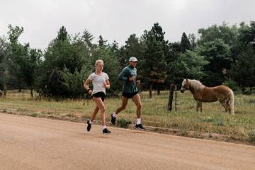 Two runners are on a dirt road with a brown horse in a field behind them.