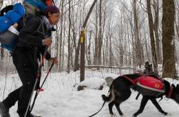 A backpacker walks along a snowy trail behind her dog.