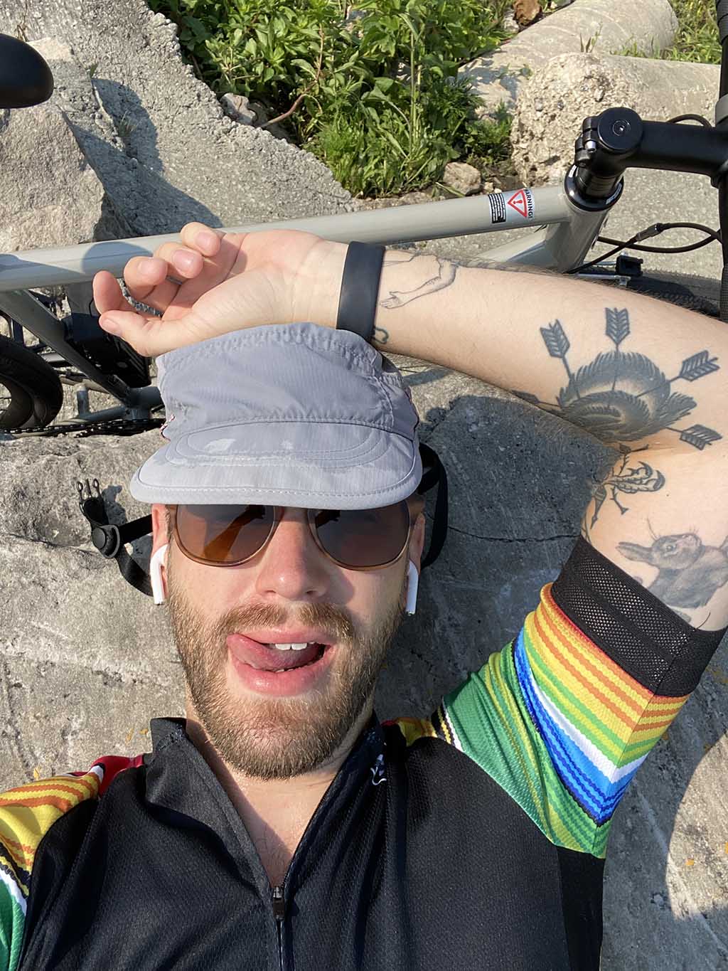 Illustrator Brian Rau rests during a bike ride in Chicago