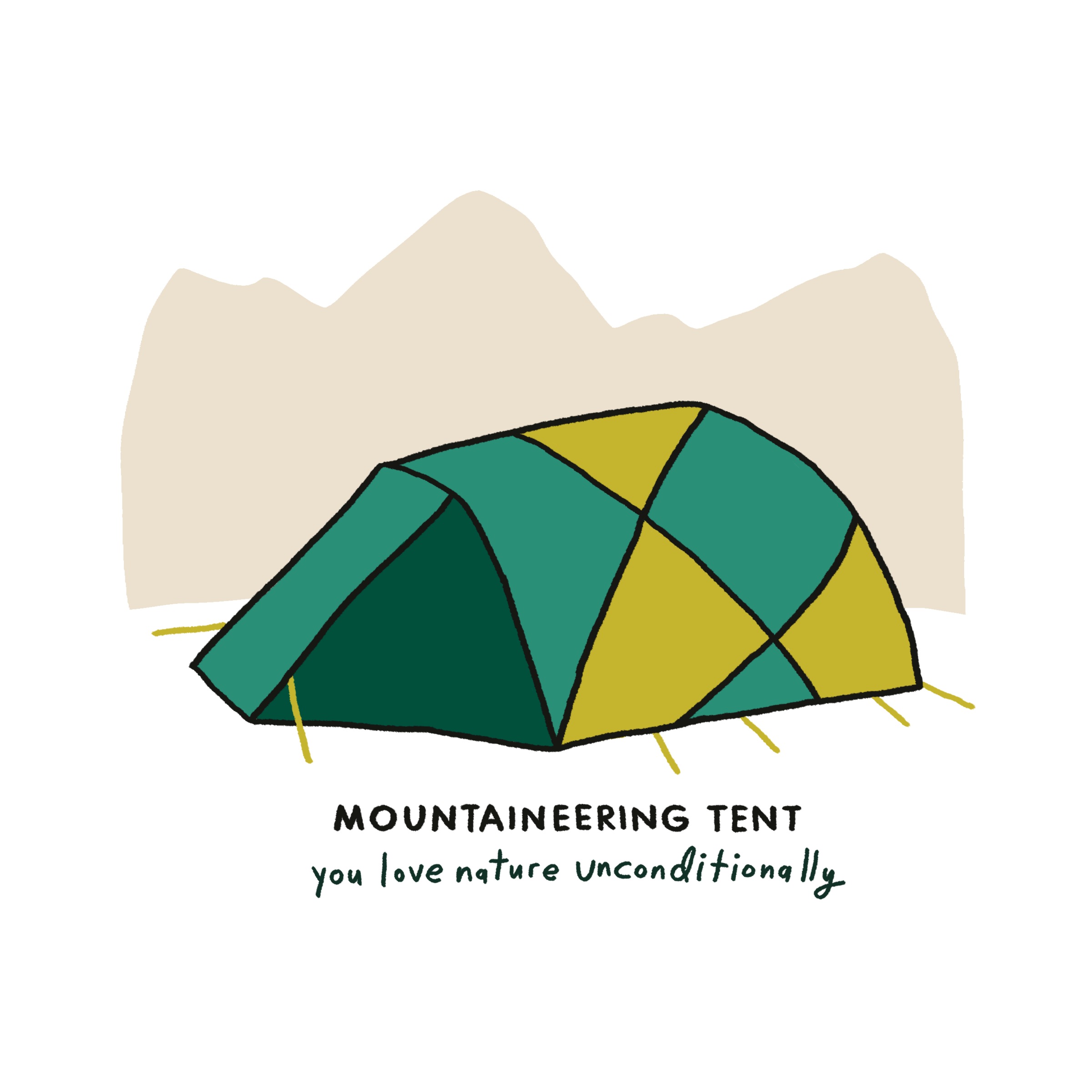 An illustration of a green and yellow tent in front of mountains with the words "you love nature unconditionally"