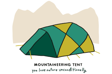 An illustration of a green and yellow tent in front of mountains with the words "you love nature unconditionally"