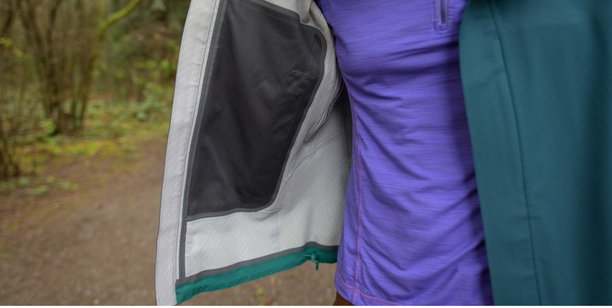 Detail of the interior of the Flash Stretch rain jacket and its 2.5-layer construction