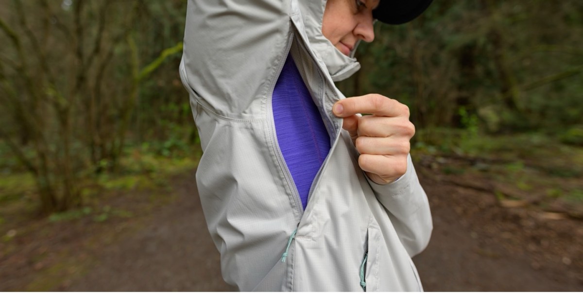 The pit zips on the Rainier rain jacket provide additional breathability when you’re working up a sweat on the trails. The Flash Stretch has them, too.