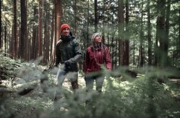 Two hikers in a forest look up at the sky