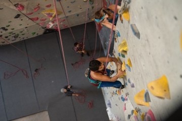 Two climbers on an indoor climbing wall