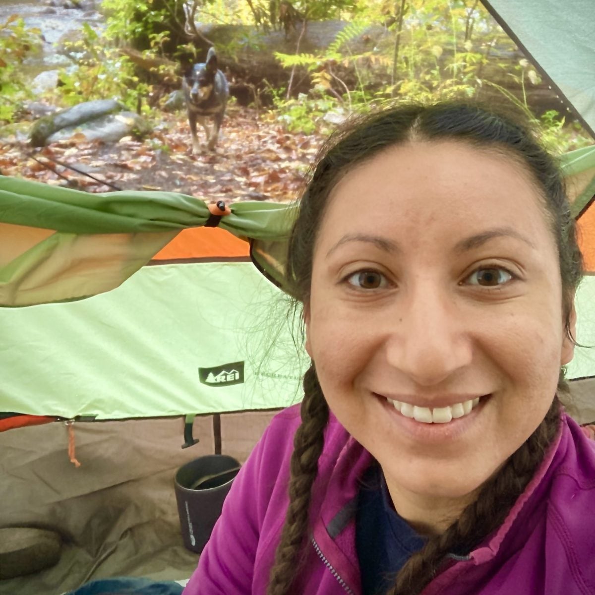 Selfie portrait of a person sitting inside a Half Dome tent, with a dog in the background outside of the tent's door.