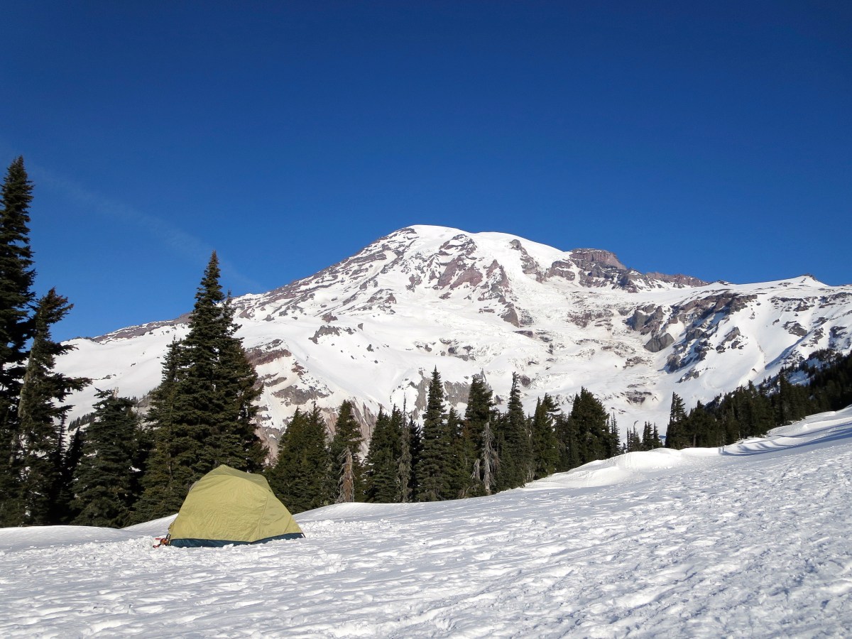 Photo of a Half Dome tent in front of Mount Rainier 