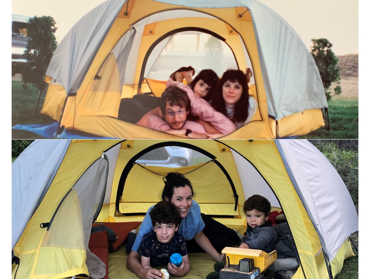 There are two images. The first is of a mother, father and child posing inside their Half Dome Tent. The second is of a woman posing inside the same tent with her twin boys.