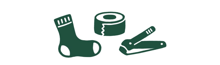 Icons representing prevention and treatment of blisters: socks, soft medical tape and nail trimmers