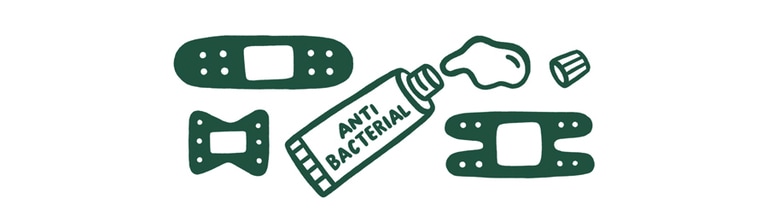 Icons representing prevention and treatment of cuts, scrapes and abrasions: adhesive bandages and antibacterial lotion