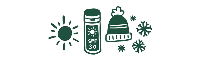 Icons representing the prevention and experience of exposure: sun and sunscreen, snow and warm clothing