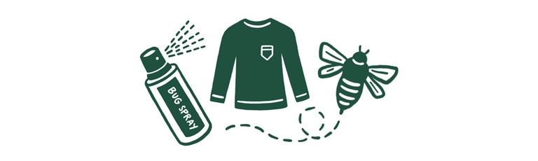 Icons representing insect bites and stings: insect repellent, long sleeves and a bee