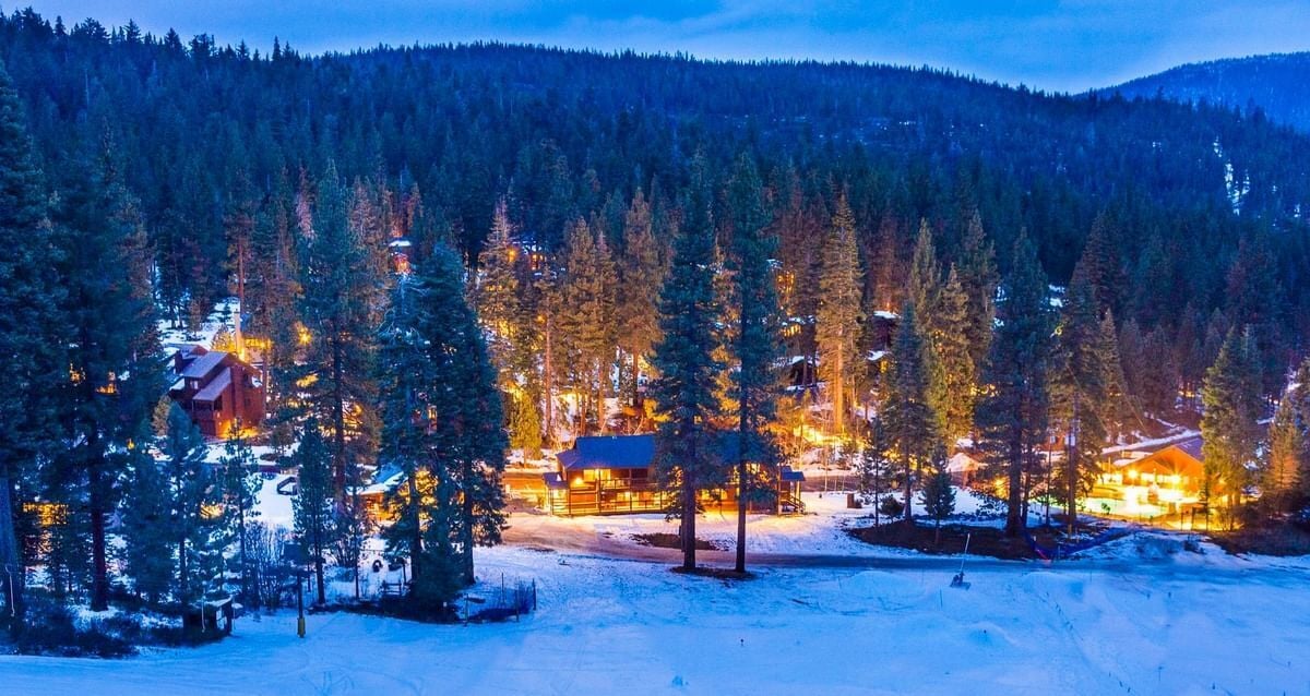 Twilight view of our hotel for this wonderful snowshoeing adventure.