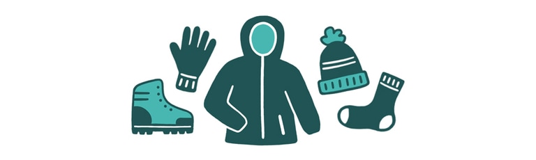 Illustration of a winter jacket, hat, sock, glove and hiking boot