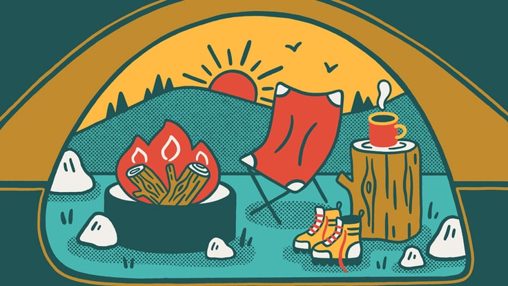 Illustration of a view looking out of a tent: camp chair, campfire, rising sun and coffee.