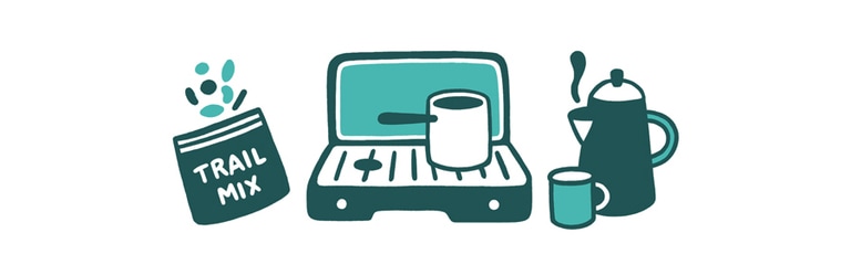 Illustration of a camp stove, trail mix and coffee pot