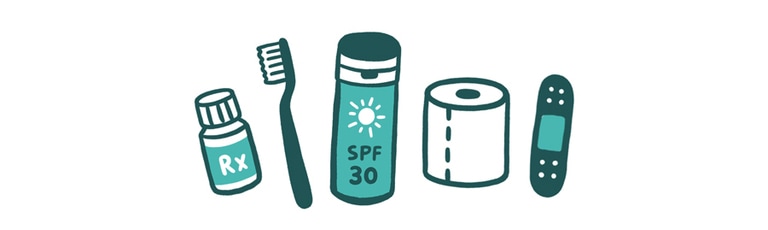 Illustration of a toothbrush, toilet paper and other toiletries