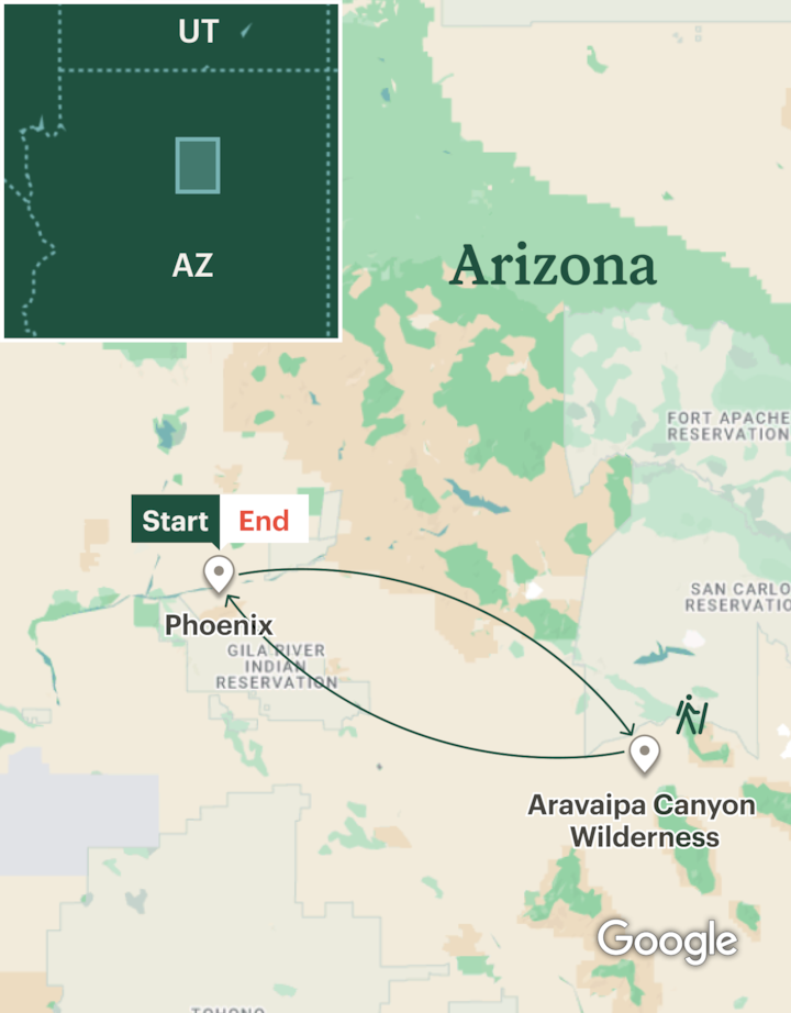 Itinerary map for Arizona Backpacking - Aravaipa Canyon