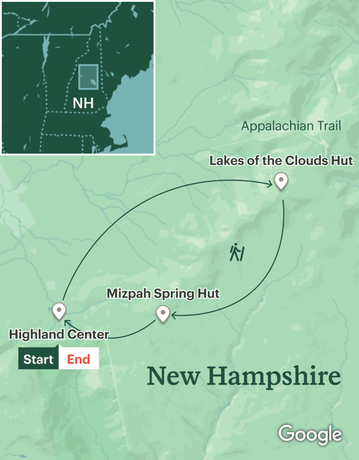 Itinerary map for Appalachian Trail Hut-to-Hut Hiking - Presidential Peaks