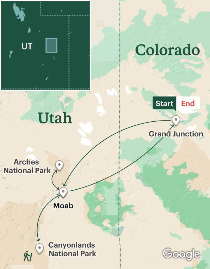 Itinerary map for Arches & Canyonlands Hiking - Lodge Based