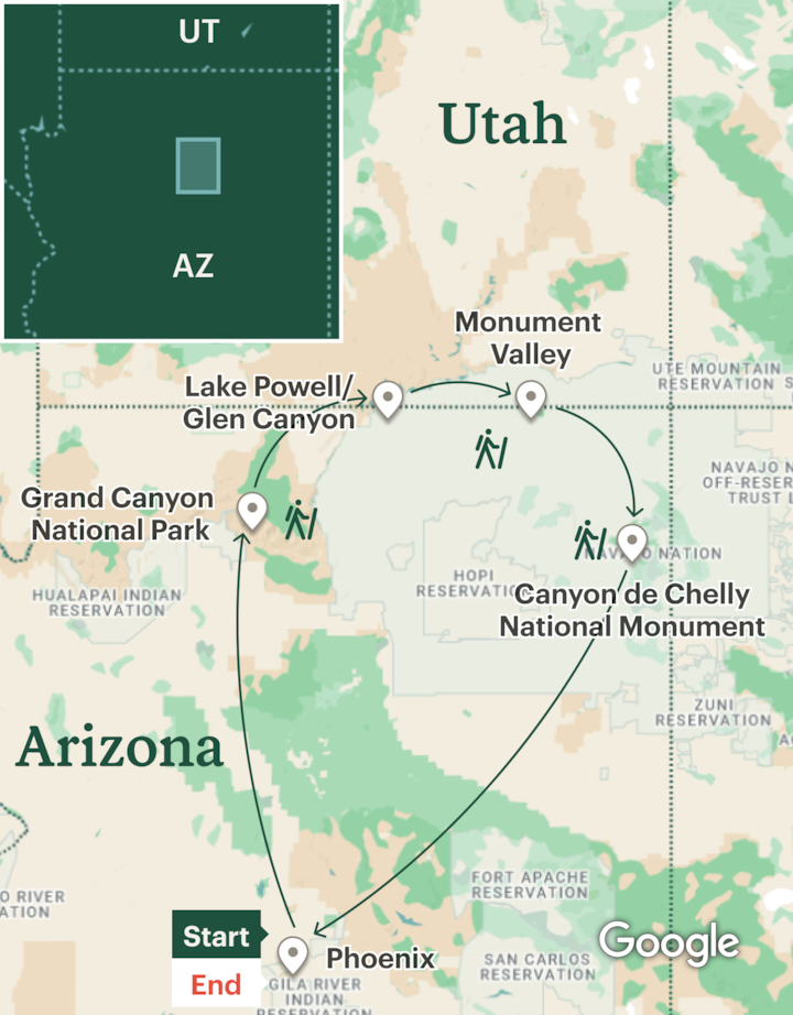 Itinerary map for Arizona Ultimate Adventure - Grand Canyon & Beyond